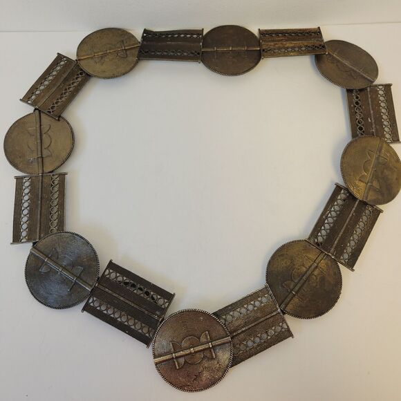 Vintage Rare Brass Boho Link Chain Medalion Heavy Belt Necklace - Picture 2 of 11